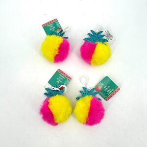 NWT Set Of 4 Pink Yellow Pineapple Puff Ball Keychain Tiki Party Favor